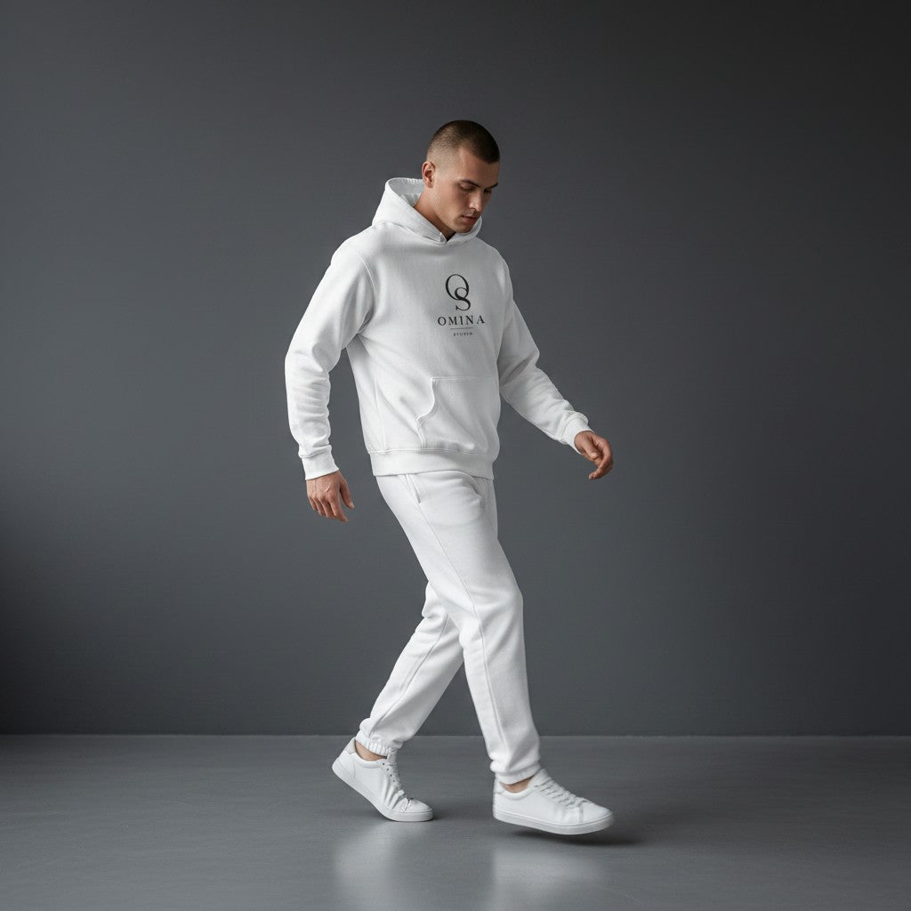 OMINA Studio white cotton-polyester blend hoodie with minimalist logo graphic on chest and kangaroo pocket.