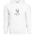 OMINA Studio white cotton-polyester blend hoodie with minimalist logo graphic on chest.
