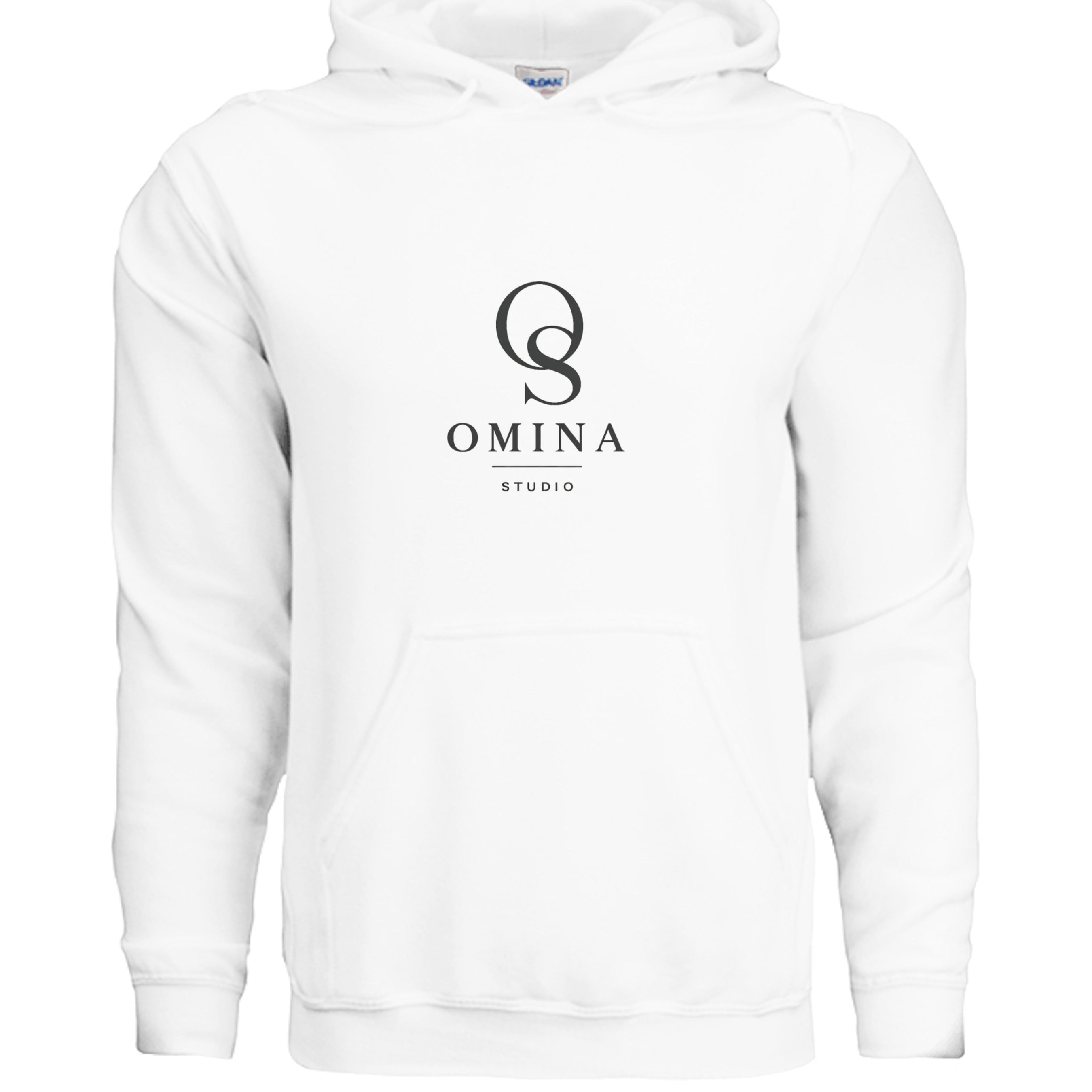 OMINA Studio white cotton-polyester blend hoodie with minimalist logo graphic on chest.