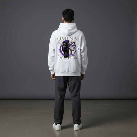 Omina Studio white lightweight loopback terry zip hoodie with graphic print of split busts and purple paint splatter.