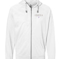 OMINA Studio white lightweight loopback terry zip-up hoodie with relaxed fit and subtle front logo.