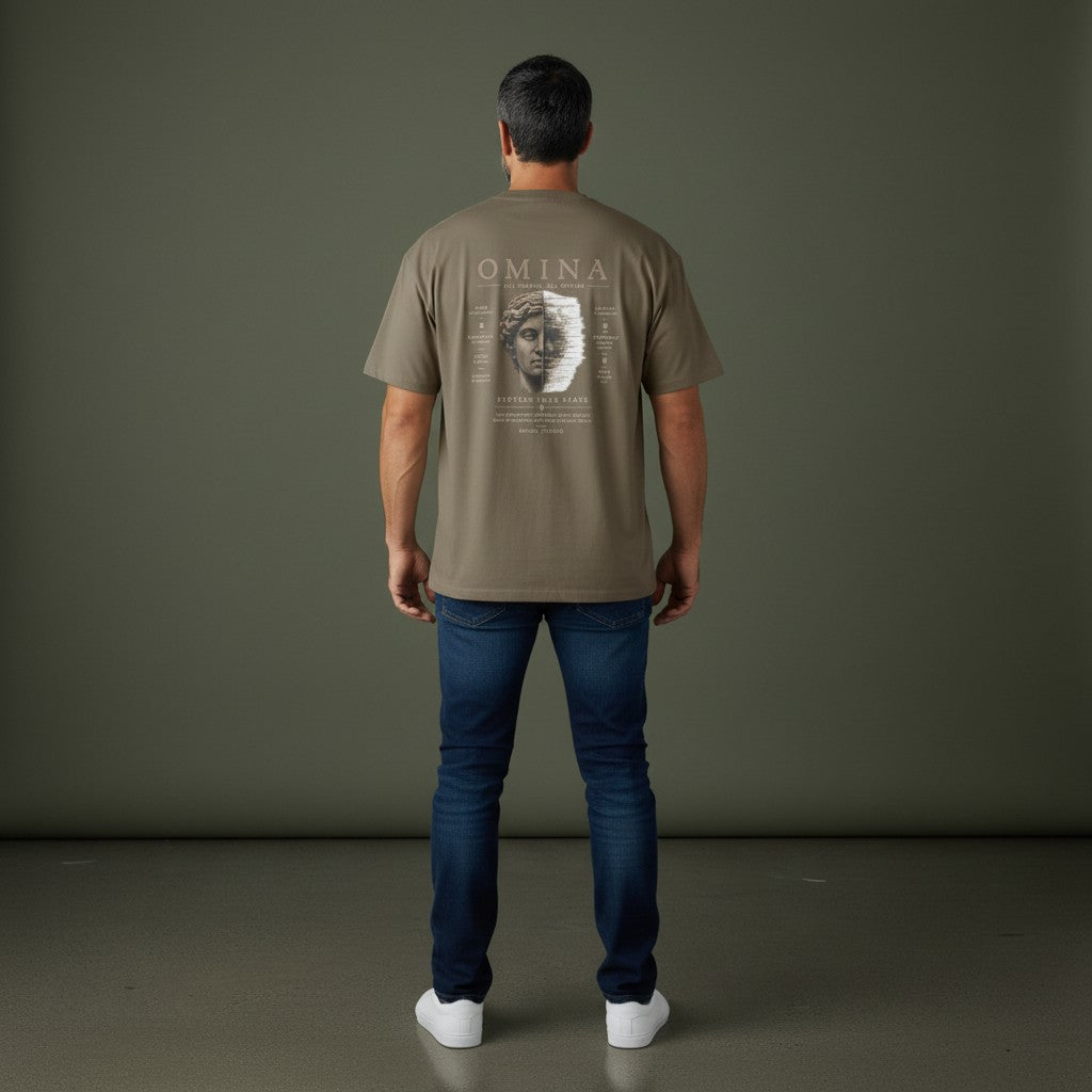 Omina taupe 100% cotton oversized fit crew neck t-shirt with 'Protect Your Peace' graphic and statue motif on back.