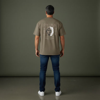 Omina taupe 100% cotton oversized fit crew neck t-shirt with 'Protect Your Peace' graphic and statue motif on back.