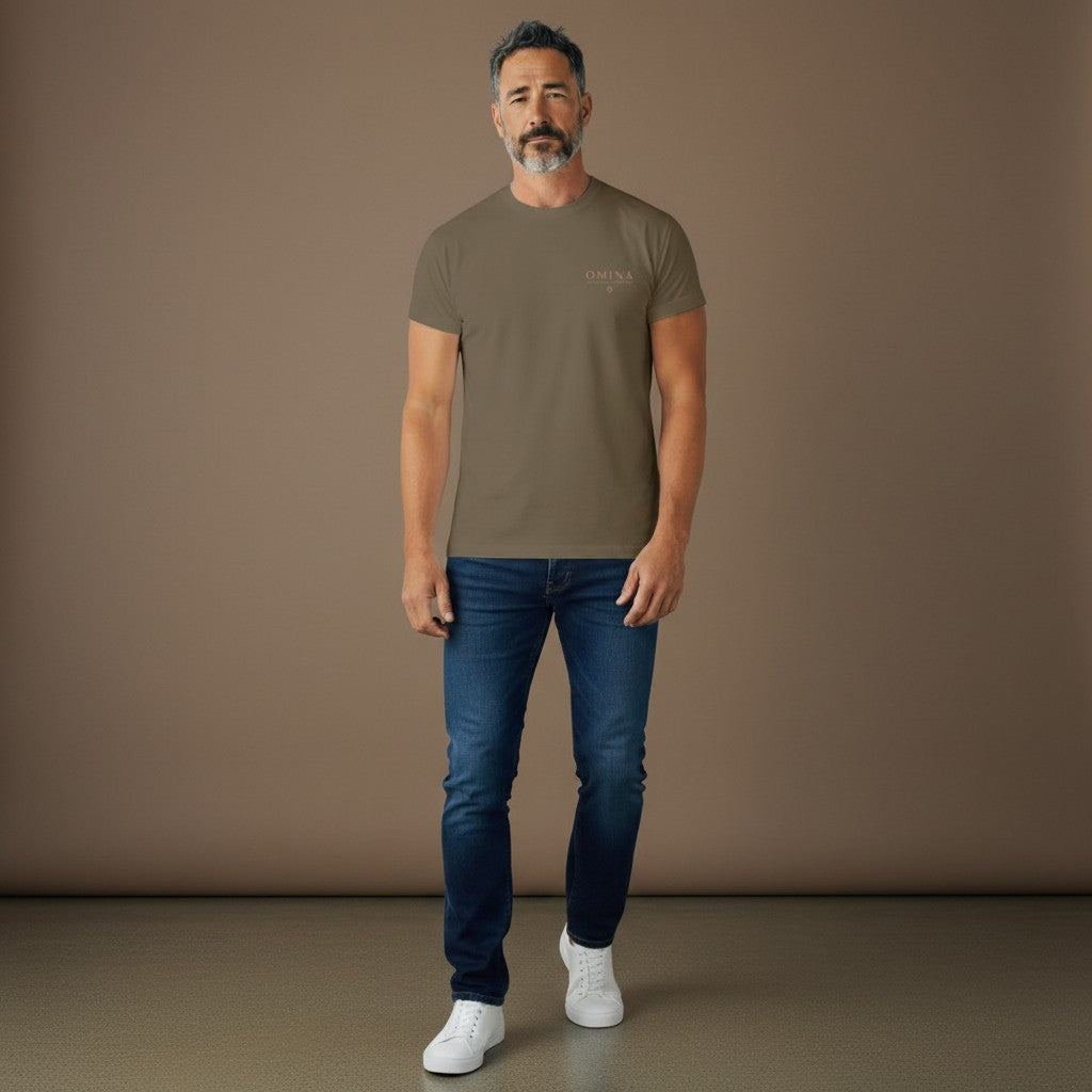 Omina taupe oversized fit 100% cotton crew neck t-shirt with subtle logo print on chest.