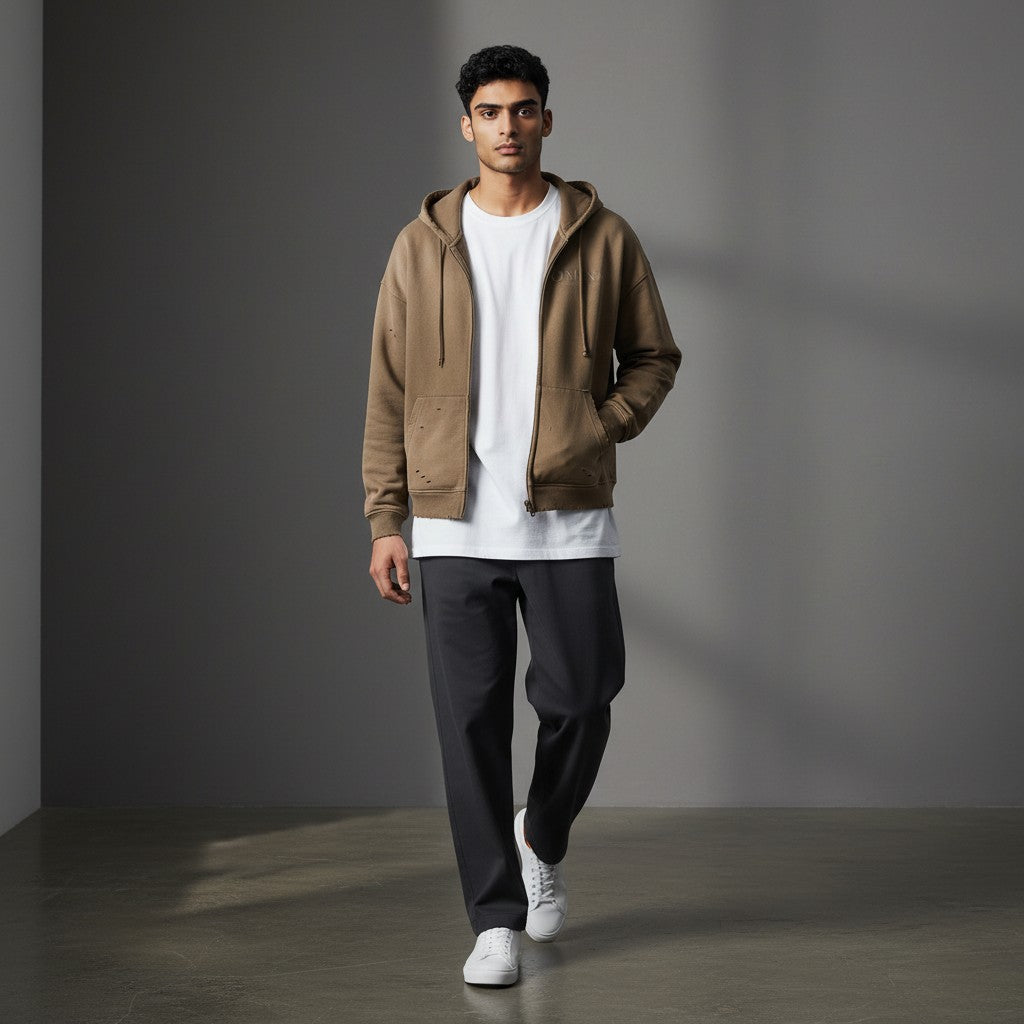 Omina Studio taupe distressed zip-up hoodie with faded graphic and raw hem details.