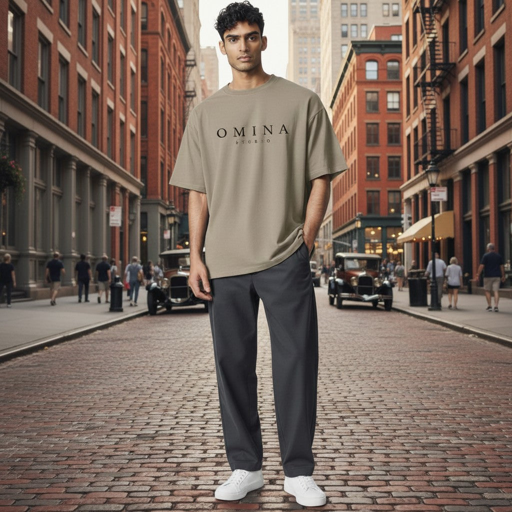 Omina Studio men's relaxed fit, heavyweight cotton t-shirt in taupe with dropped shoulders and a 1" neckband.