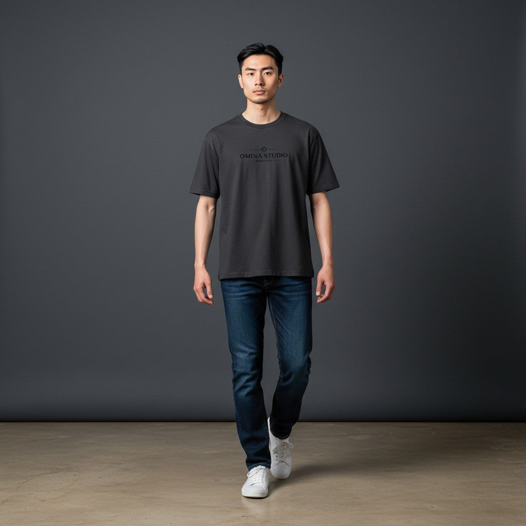 Omina dark grey cotton blend short sleeve t-shirt with Omina Studio logo print on chest. Unisex regular fit.