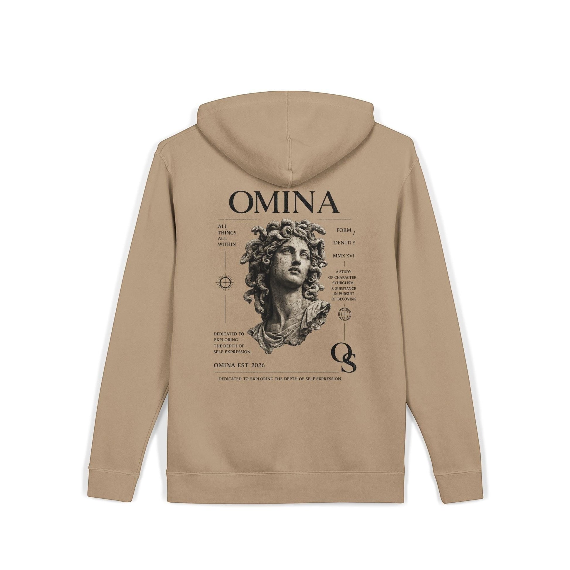 Omina beige pigment-dyed cotton blend hoodie with vintage statue graphic and typography on back.