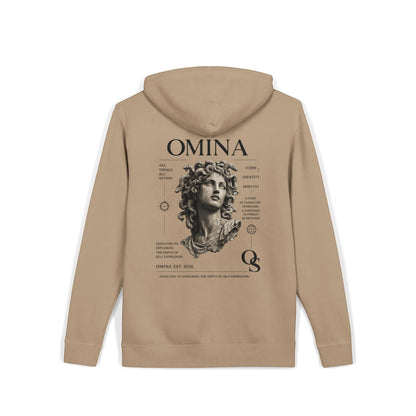 Omina beige pigment-dyed cotton blend hoodie with vintage statue graphic and typography on back.