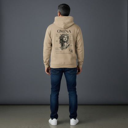 Omina beige pigment-dyed cotton blend hoodie with vintage statue graphic on back. Relaxed fit with pouch pocket.