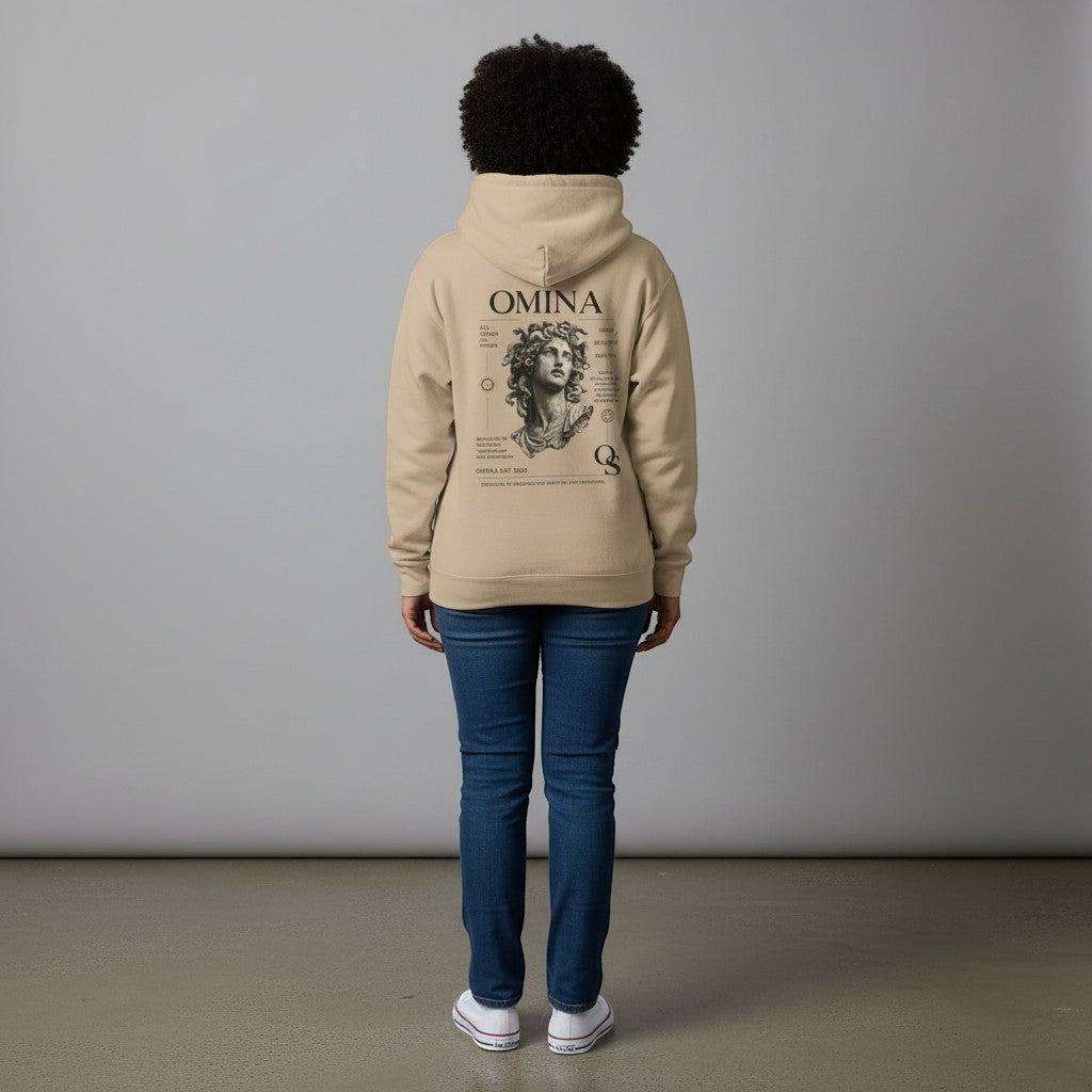 Omina beige pigment-dyed cotton blend hoodie with vintage statue graphic on back. Relaxed fit, jersey-lined hood, pouch pocket.