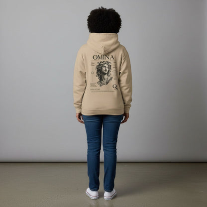 Omina beige pigment-dyed cotton blend hoodie with vintage statue graphic on back. Relaxed fit, jersey-lined hood, pouch pocket.