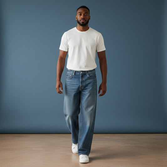 OMINA Essentials vintage wash baggy denim jeans with a relaxed fit and wide-leg silhouette in blue.