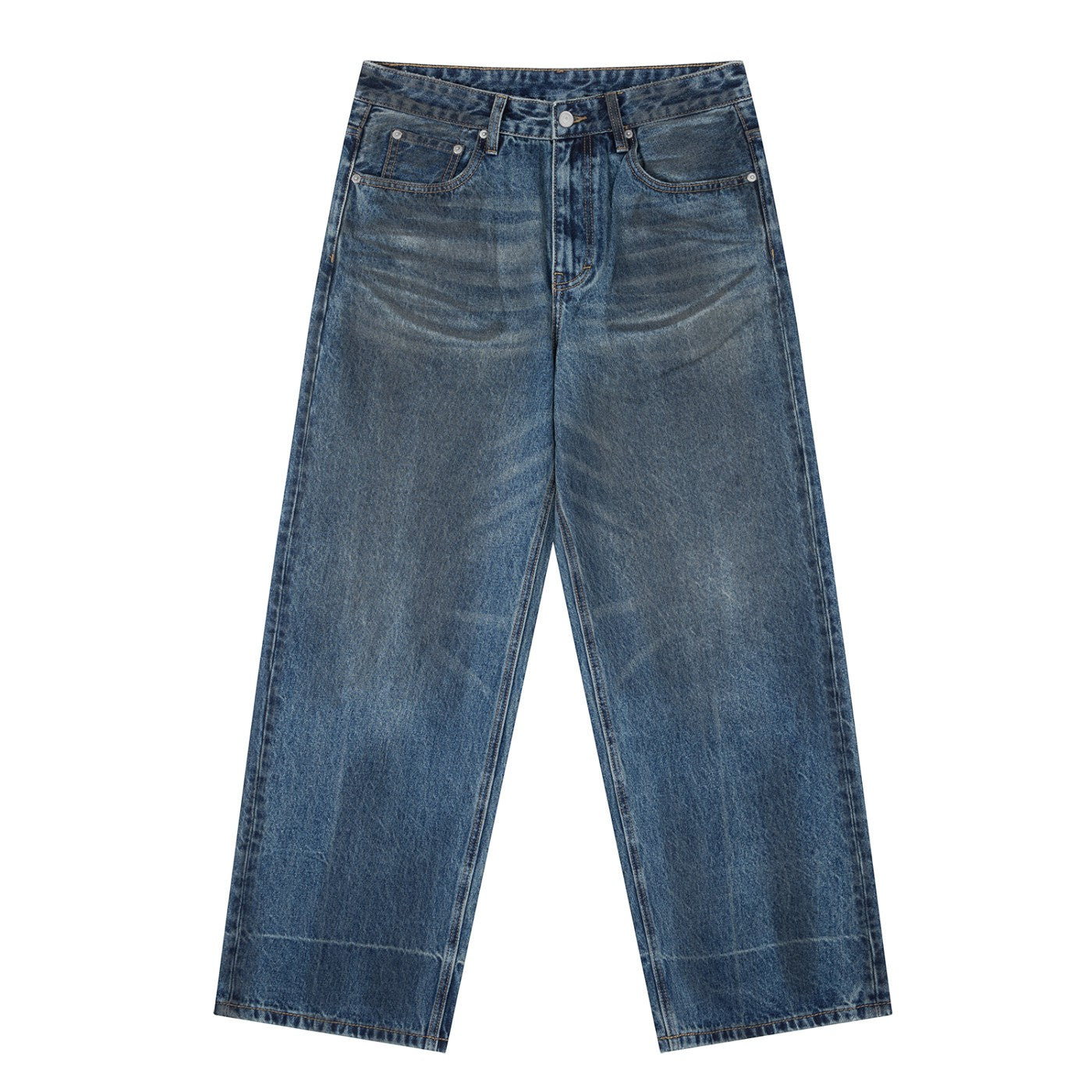 OMINA Essentials vintage wash baggy denim jeans with a relaxed fit and wide-leg silhouette in blue.