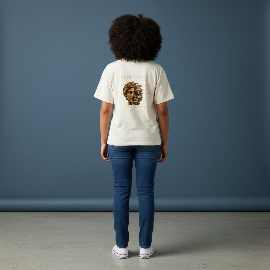 Omina Studio cream vintage wash boxy fit cotton t-shirt with a graphic print of a Roman bust split in half with text.
