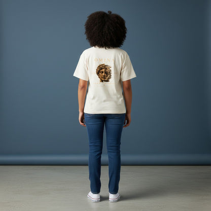 Omina Studio cream vintage wash boxy fit cotton t-shirt with a graphic print of a Roman bust split in half with text.