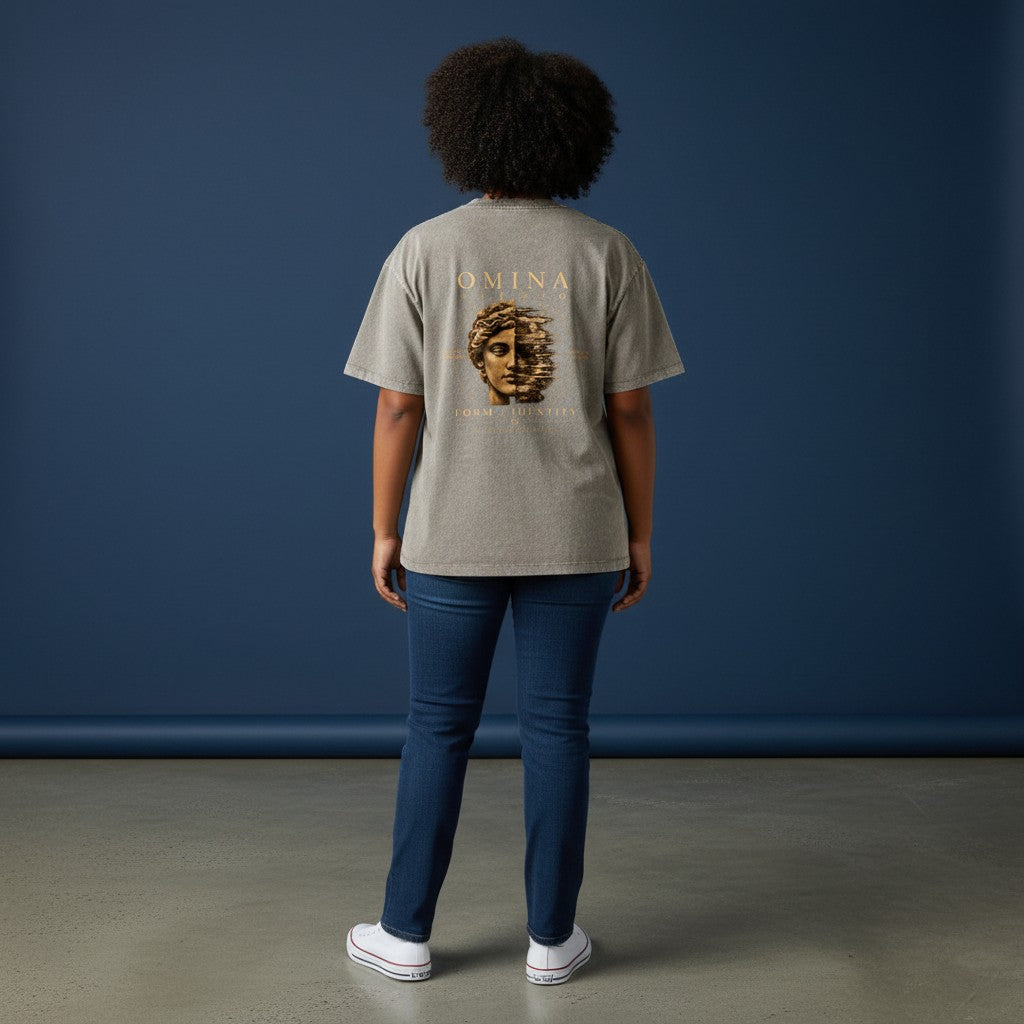 Omina Studio unisex vintage wash boxy t-shirt in grey cotton with a distressed graphic print of a classical bust.