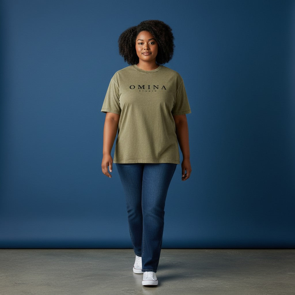 Omina Studio unisex vintage wash boxy t-shirt in olive green cotton with a relaxed fit and minimal chest logo.