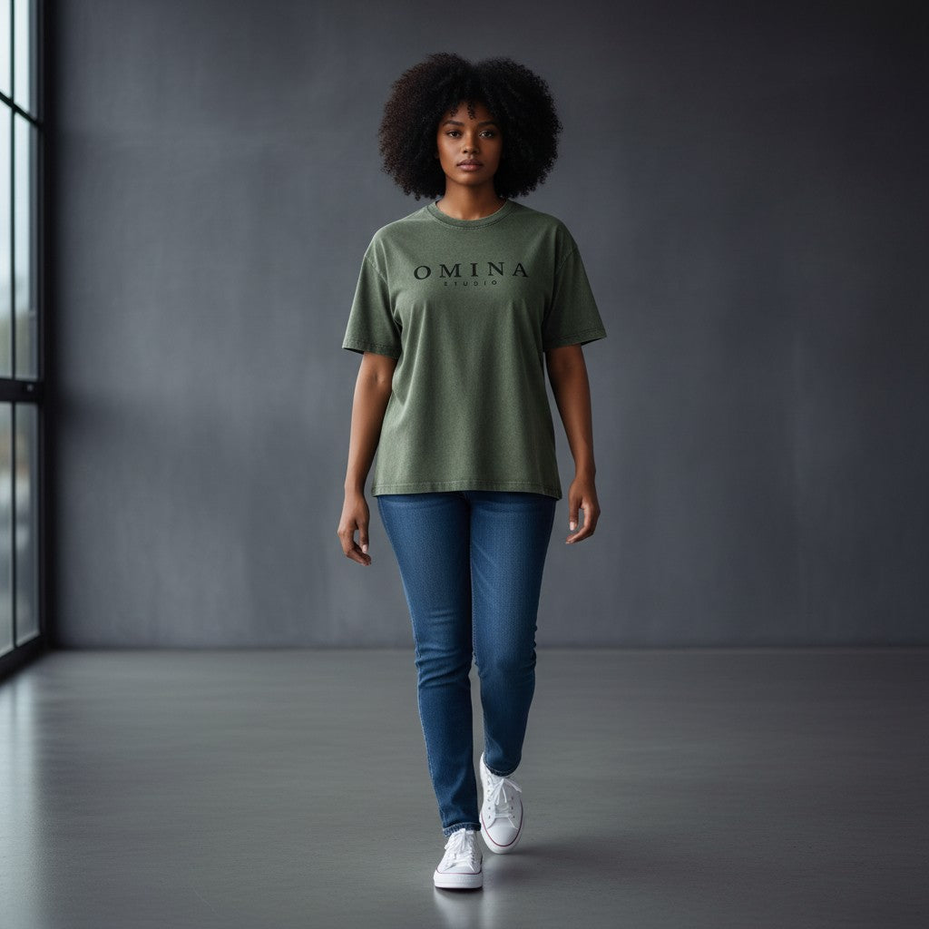 Omina Studio unisex vintage wash boxy t-shirt in olive green cotton with a relaxed fit and minimal chest logo.