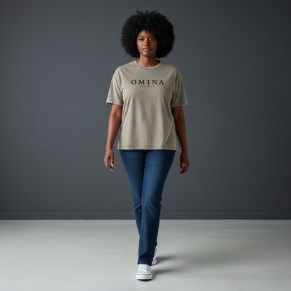 Omina Studio unisex vintage wash boxy t-shirt in taupe with a relaxed fit and minimal chest logo.