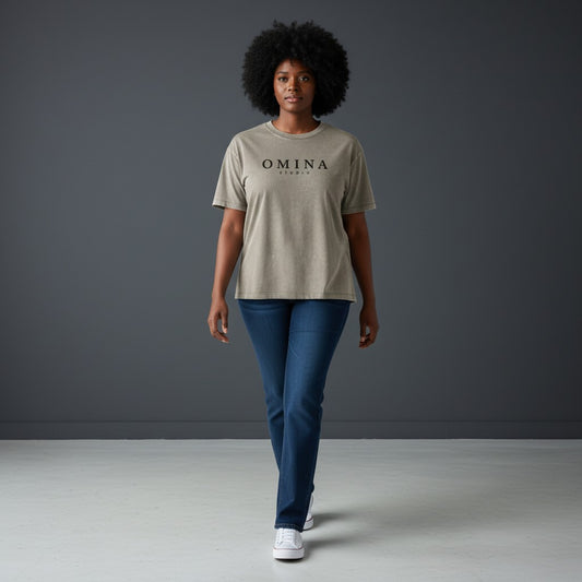 Omina Studio unisex vintage wash boxy t-shirt in taupe with a relaxed fit and minimal chest logo.