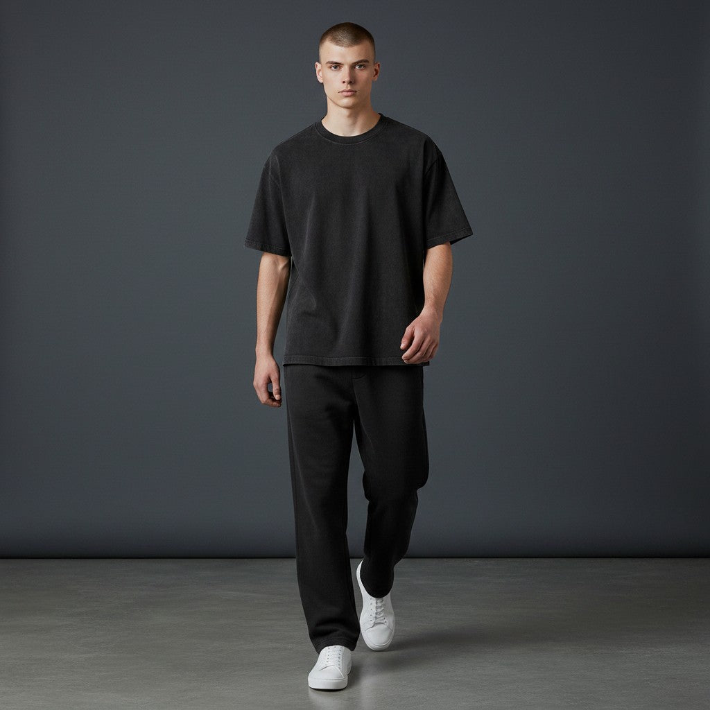 Omina Essentials black vintage wash heavyweight cotton oversized t-shirt with ribbed crew neck.