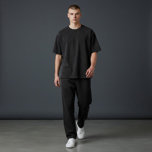 Omina Essentials black vintage wash heavyweight cotton oversized t-shirt with ribbed crew neck.