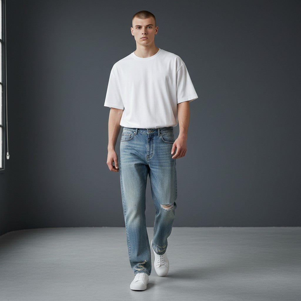 OMINA Vintage Wash Distressed Denim Jeans with a relaxed straight-leg fit and distressed detailing.