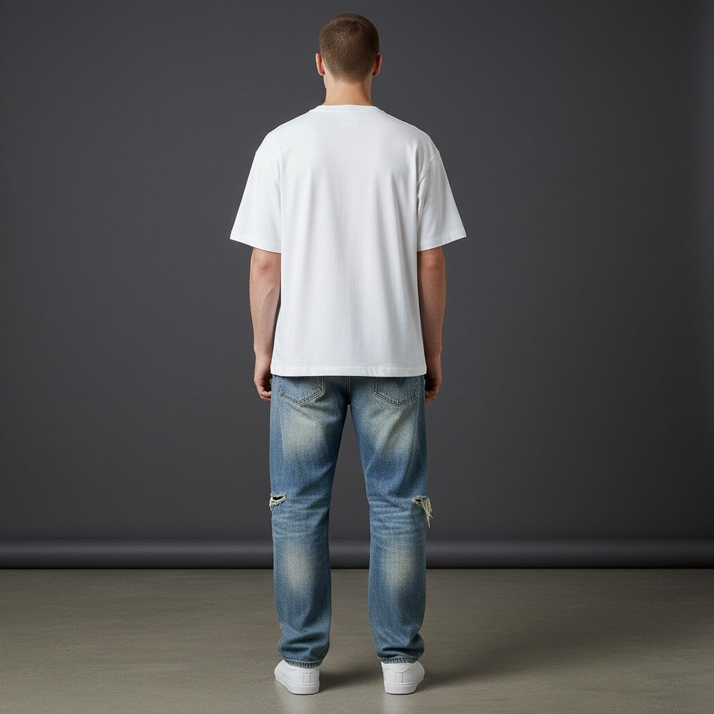 OMINA Vintage Wash Distressed Denim Jeans - Light blue wash, relaxed fit, distressed detailing, and ripped hems.
