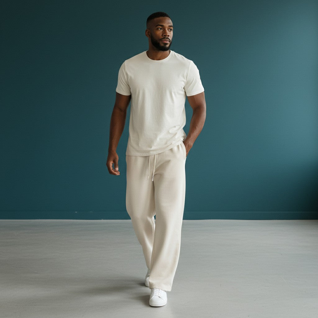 Omina Studio beige vintage wash loose fit sweatpants made from a soft heavyweight cotton blend with a drawstring waist and minimal branding.
