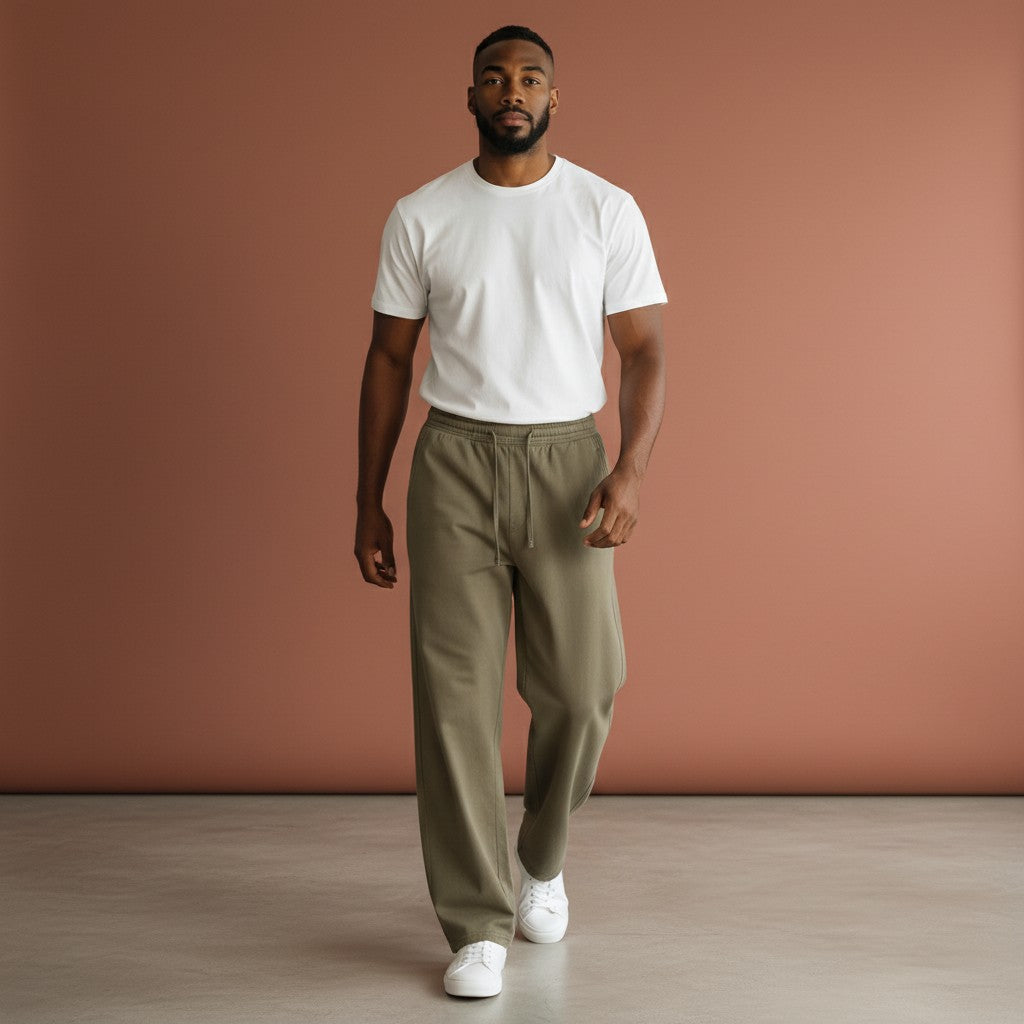 Omina Studio olive green vintage wash unisex loose fit sweatpants made from a soft heavyweight cotton blend.