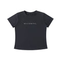 OMINA Essentials dark grey cotton t-shirt with "BECOMING." printed in white. Vintage wash, slim fit.