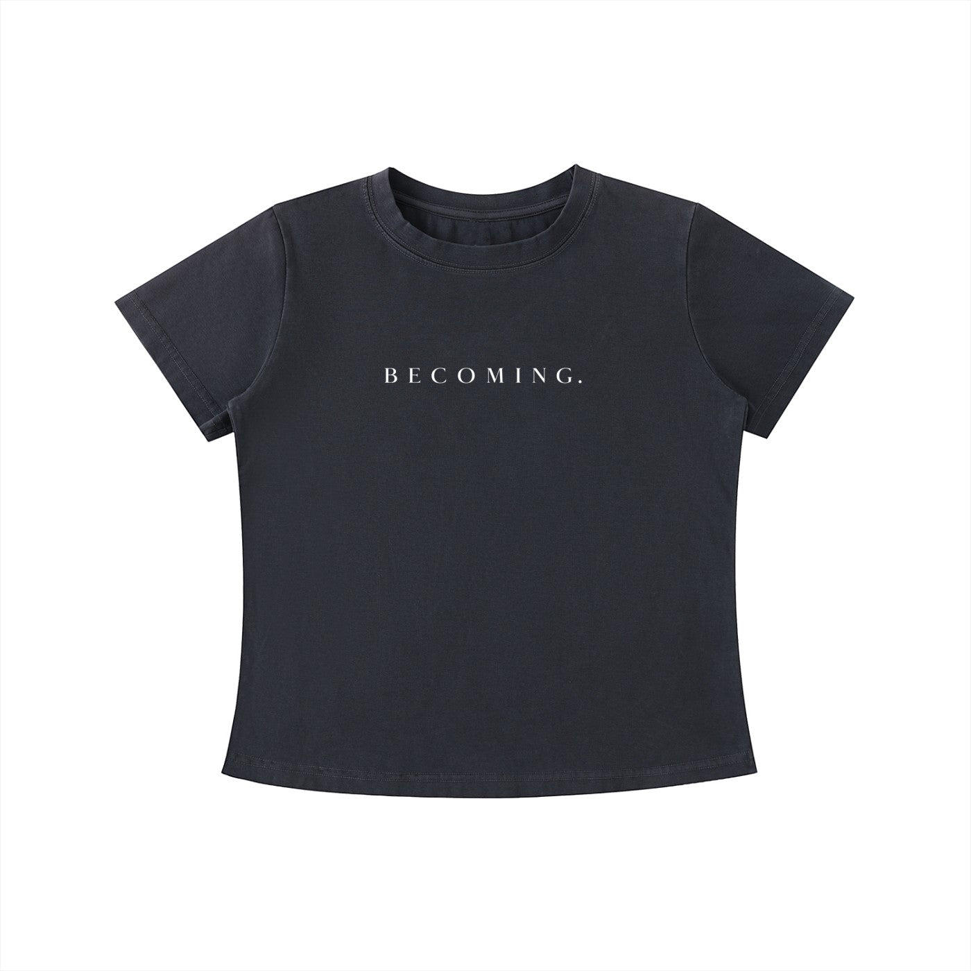 OMINA Essentials dark grey cotton t-shirt with "BECOMING." printed in white. Vintage wash, slim fit.