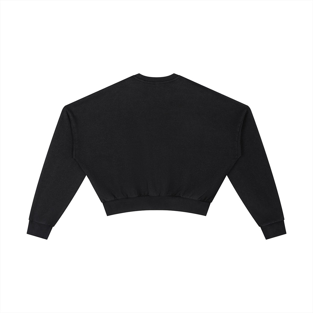 OMINA Studio black vintage washed cropped sweatshirt with drop shoulders and ribbed cuffs/hem. Heavyweight cotton blend.