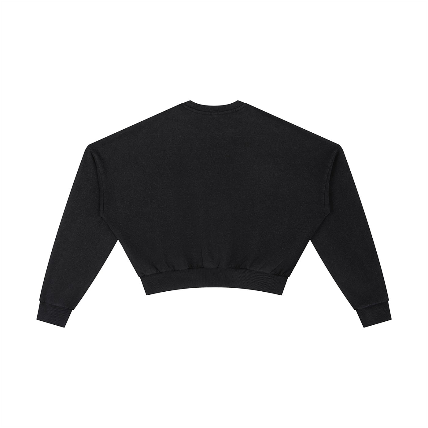 OMINA Studio black vintage washed cropped sweatshirt with drop shoulders and ribbed cuffs/hem. Heavyweight cotton blend.