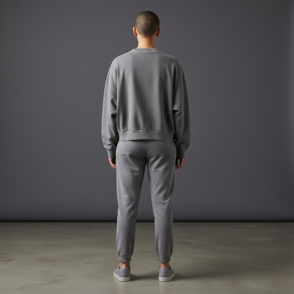 OMINA Studio vintage washed grey cropped sweatshirt with drop shoulders and ribbed cuffs and hem.