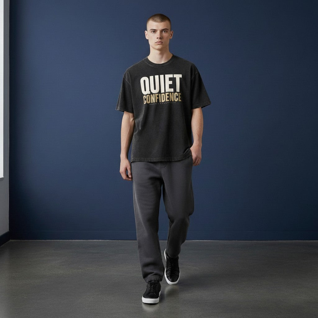 Omina dark grey mineral wash waffle knit t-shirt with "Quiet Confidence" graphic print on chest. Relaxed fit.