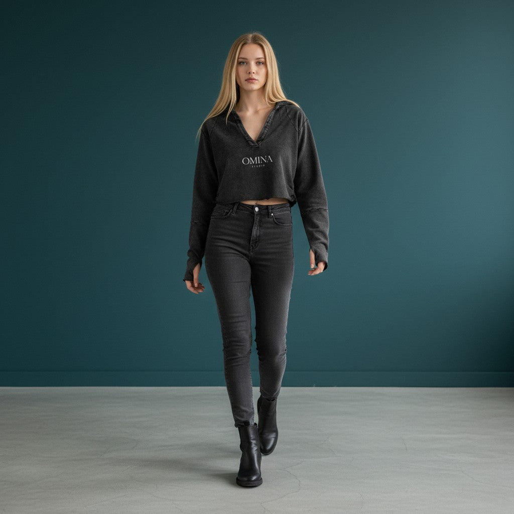 Omina Studio charcoal grey washed heavyweight hoodie with raw edge detailing and Omina Studio graphic.