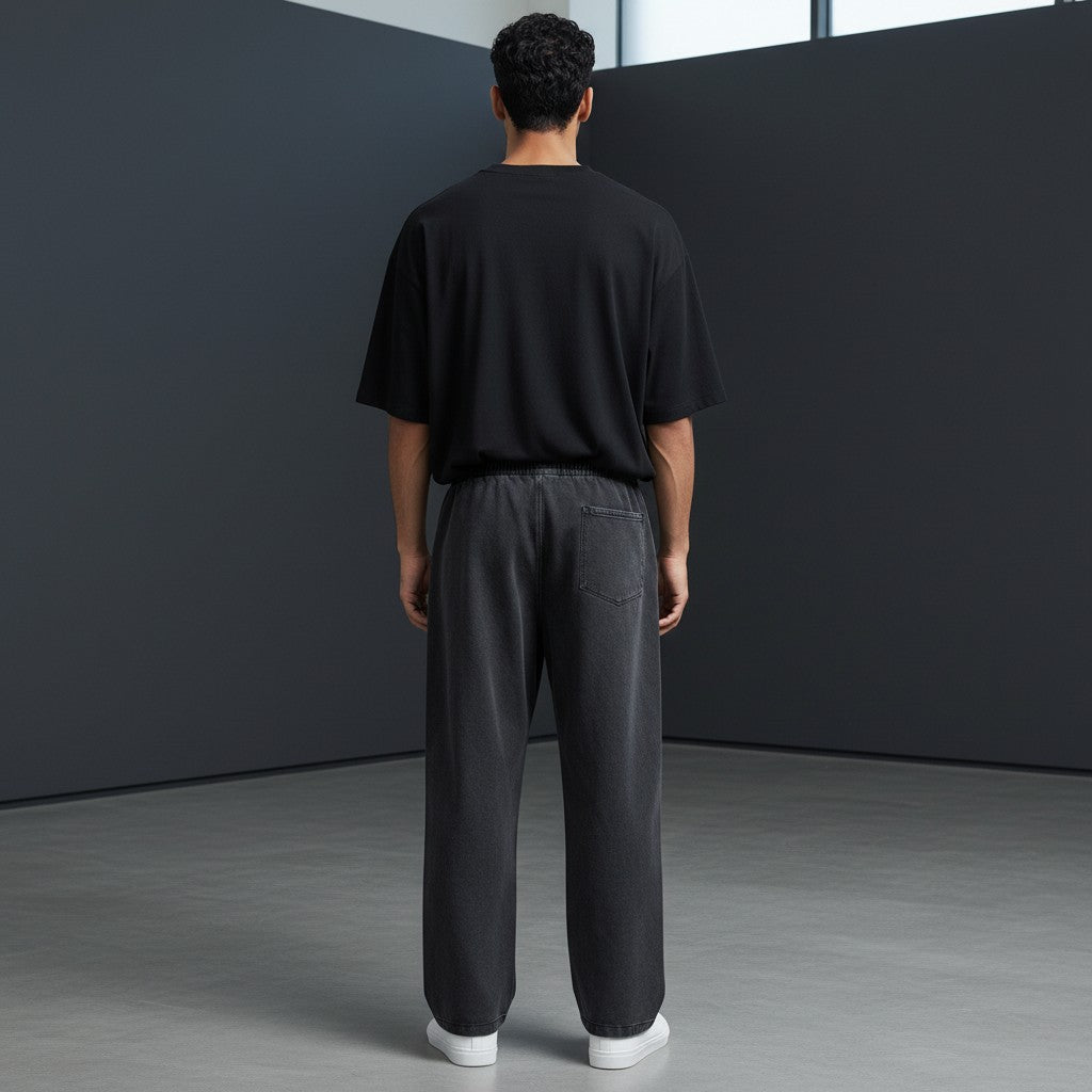 Omina vintage washed waist pants in charcoal grey, featuring a relaxed fit, elastic waistband, and soft structured feel for everyday wear.