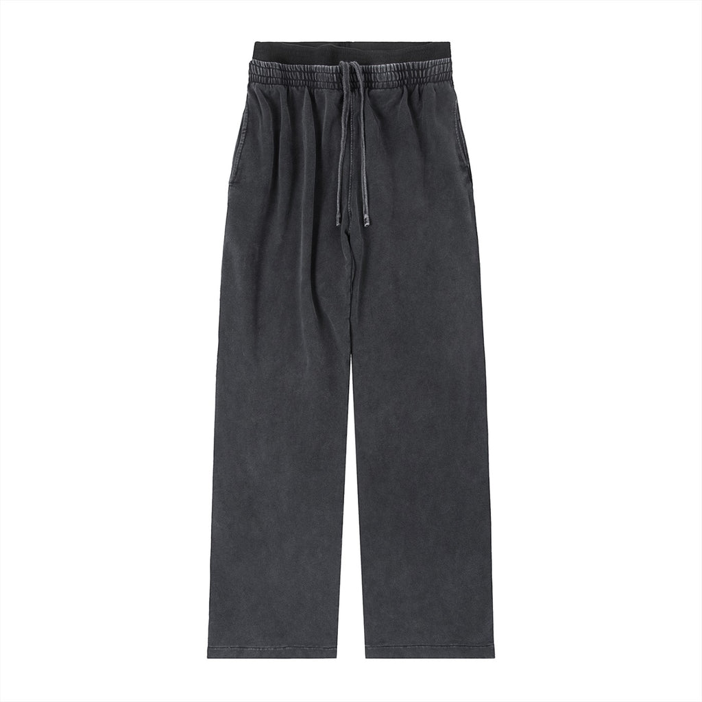 Omina dark charcoal washed relaxed fit waist pants with drawstring and elastic waistband.