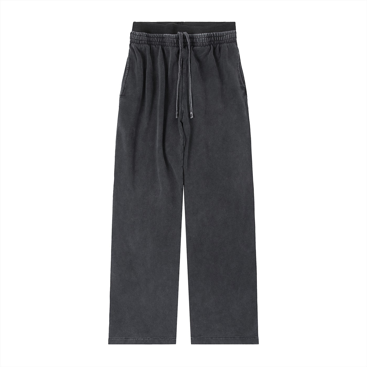 Omina dark charcoal washed relaxed fit waist pants with drawstring and elastic waistband.
