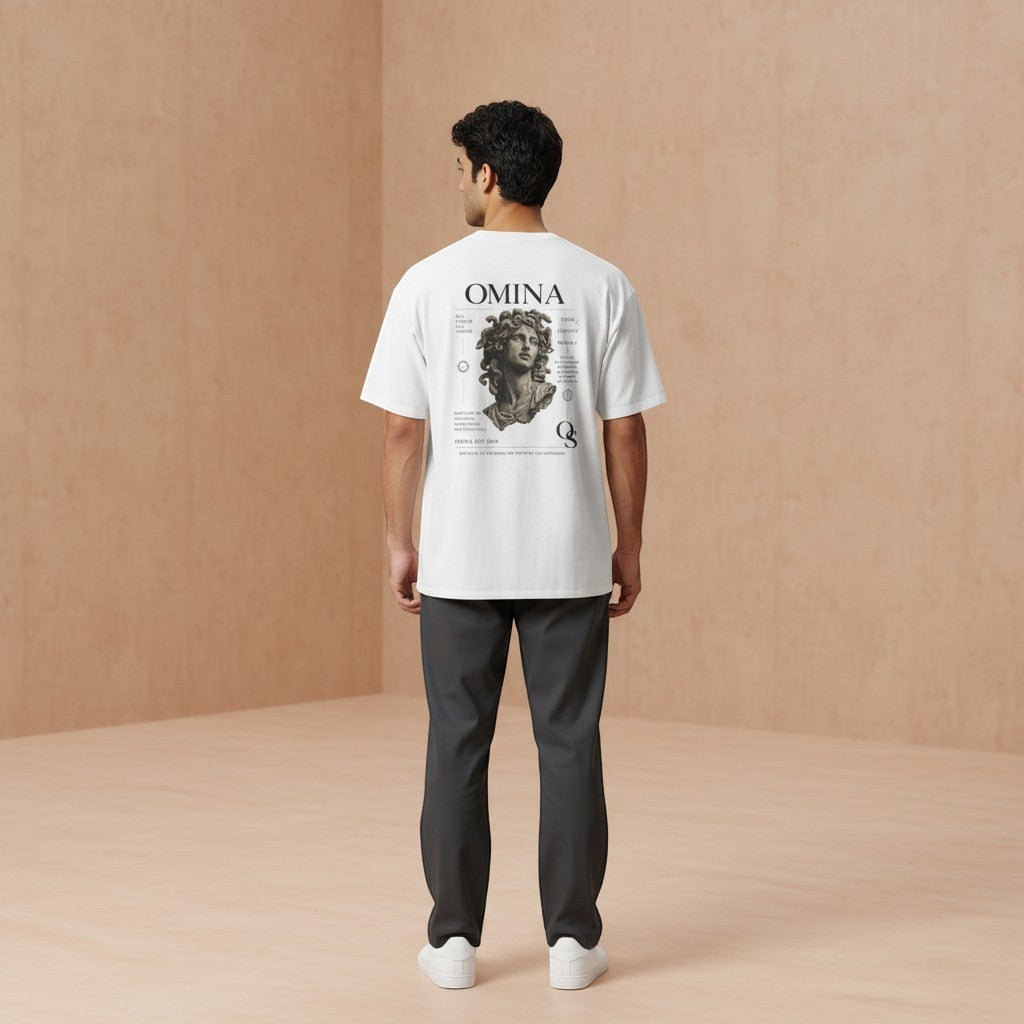 Omina Studio white cotton t-shirt with oversized back graphic of classical sculpture and typography.