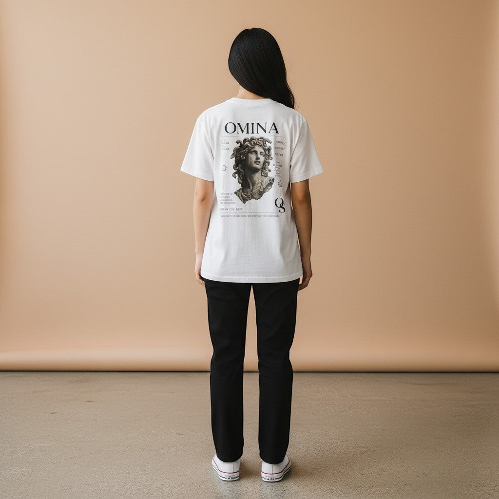 Omina Studio white cotton t-shirt with a graphic print of a classical sculpture and text on the back. Relaxed fit.