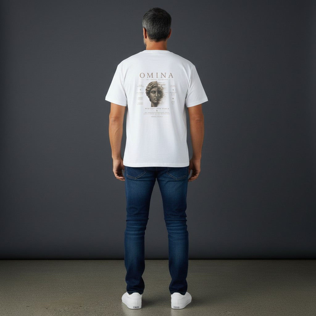Omina white 100% cotton oversized fit crew neck t-shirt with a graphic print of a split statue and text.