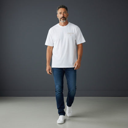 Omina white 100% cotton oversized fit crew neck t-shirt with subtle logo detail on chest.