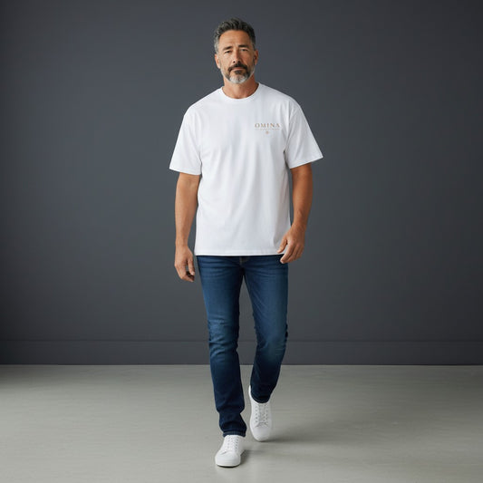 Omina white 100% cotton oversized fit crew neck t-shirt with subtle logo detail on chest.