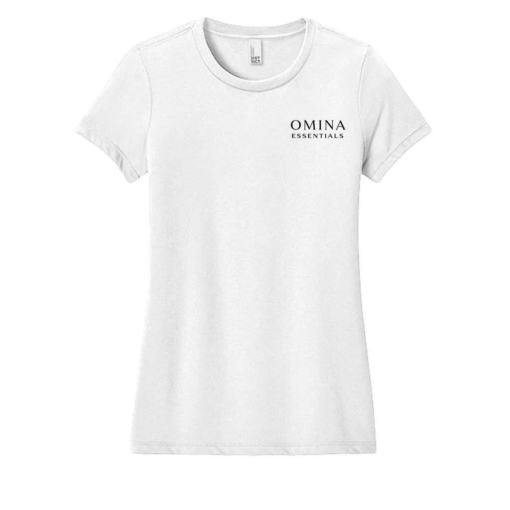 Omina white soft cotton t-shirt with minimalist logo on chest. Women's tee.
