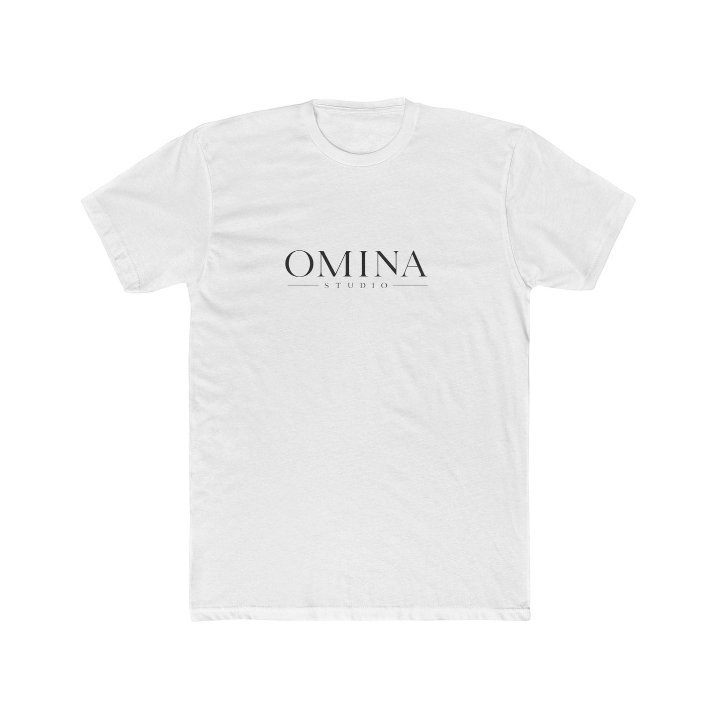 Omina Studio white premium cotton t-shirt with minimalist front logo and bold back graphic.