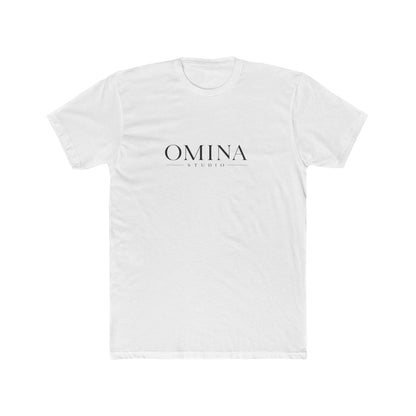 Omina Studio white premium cotton t-shirt with minimalist front logo and bold back graphic.