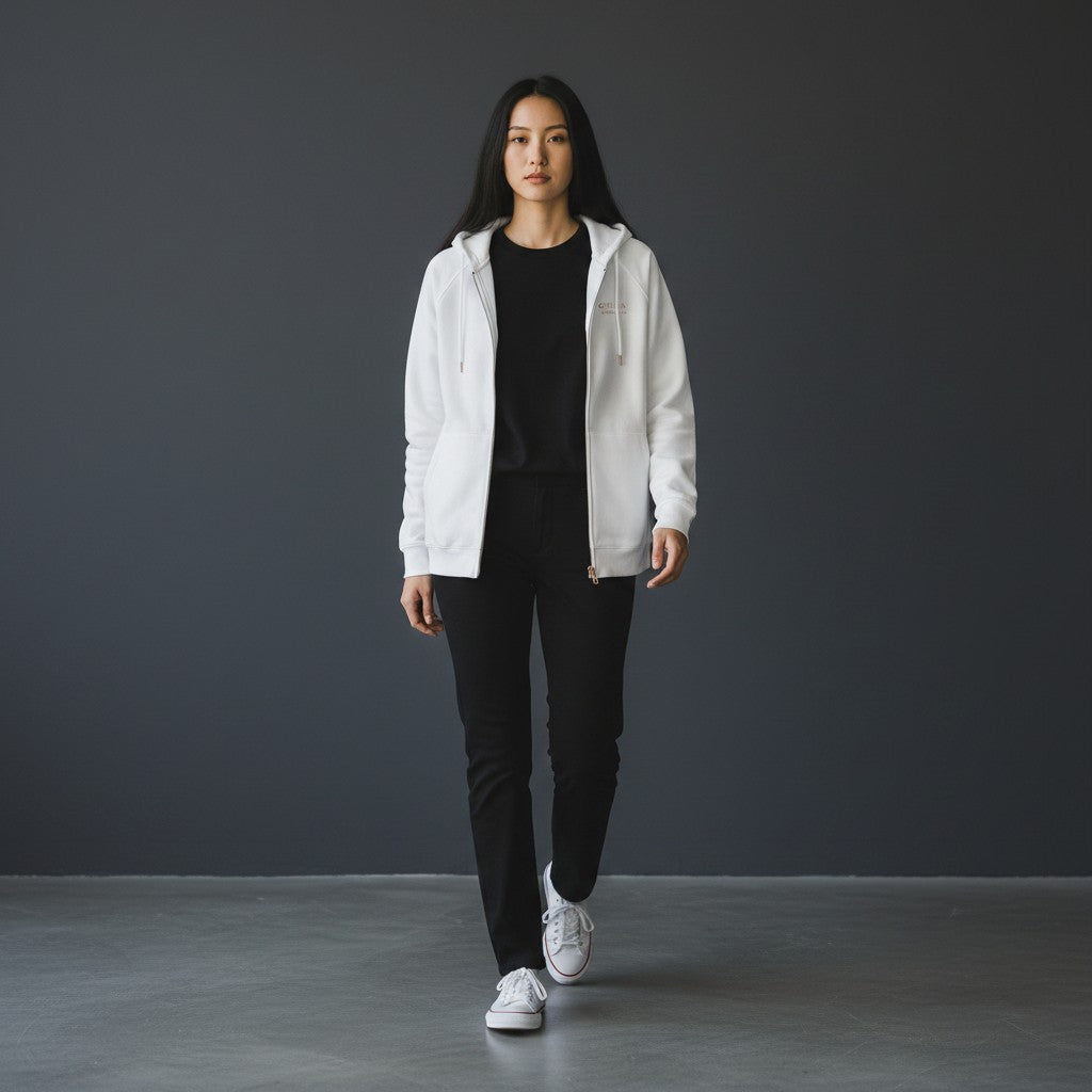 Omina white 100% combed cotton full-zip hoodie with brushed fleece interior and kangaroo pockets.